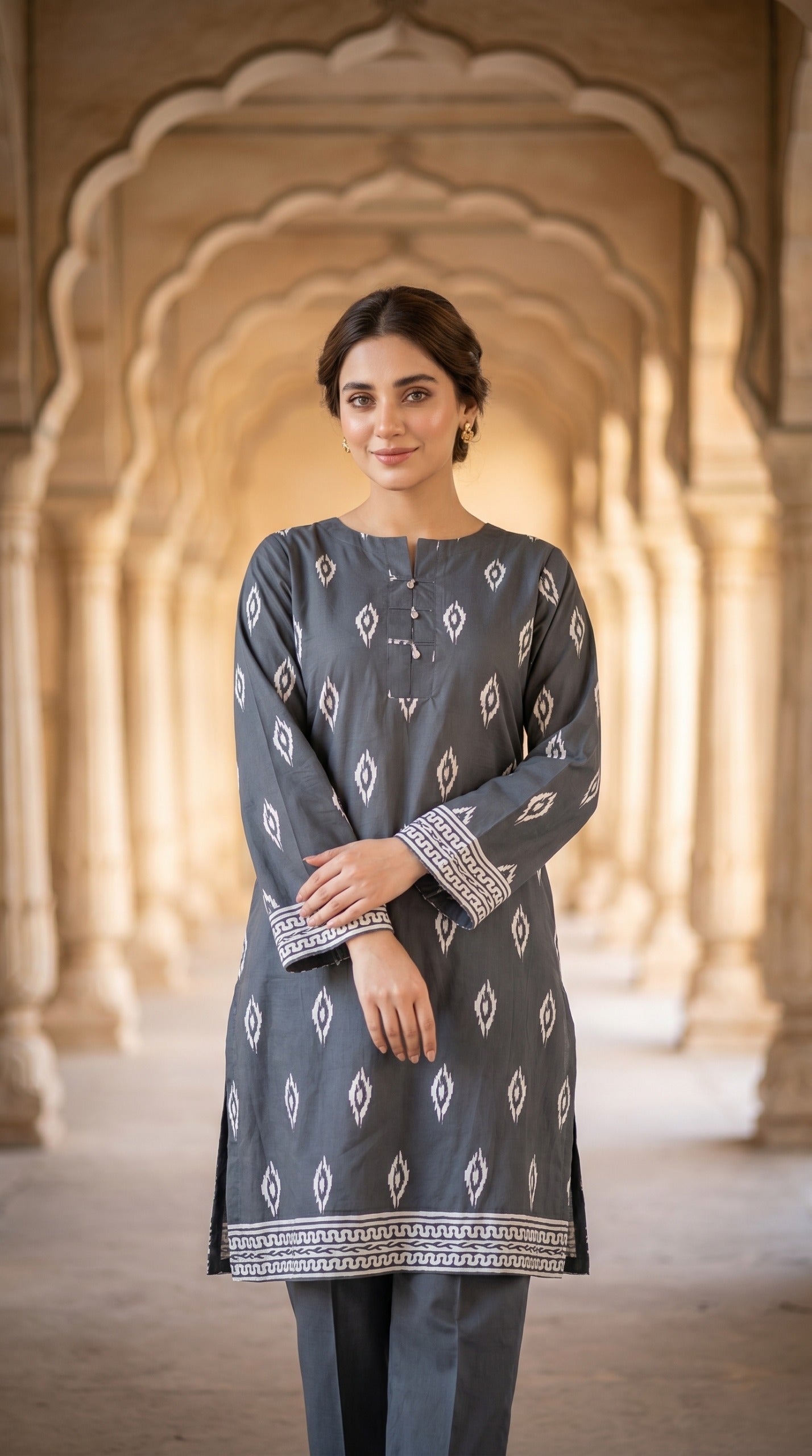 Elegant Charcoal Grey Ikat Print Kurti