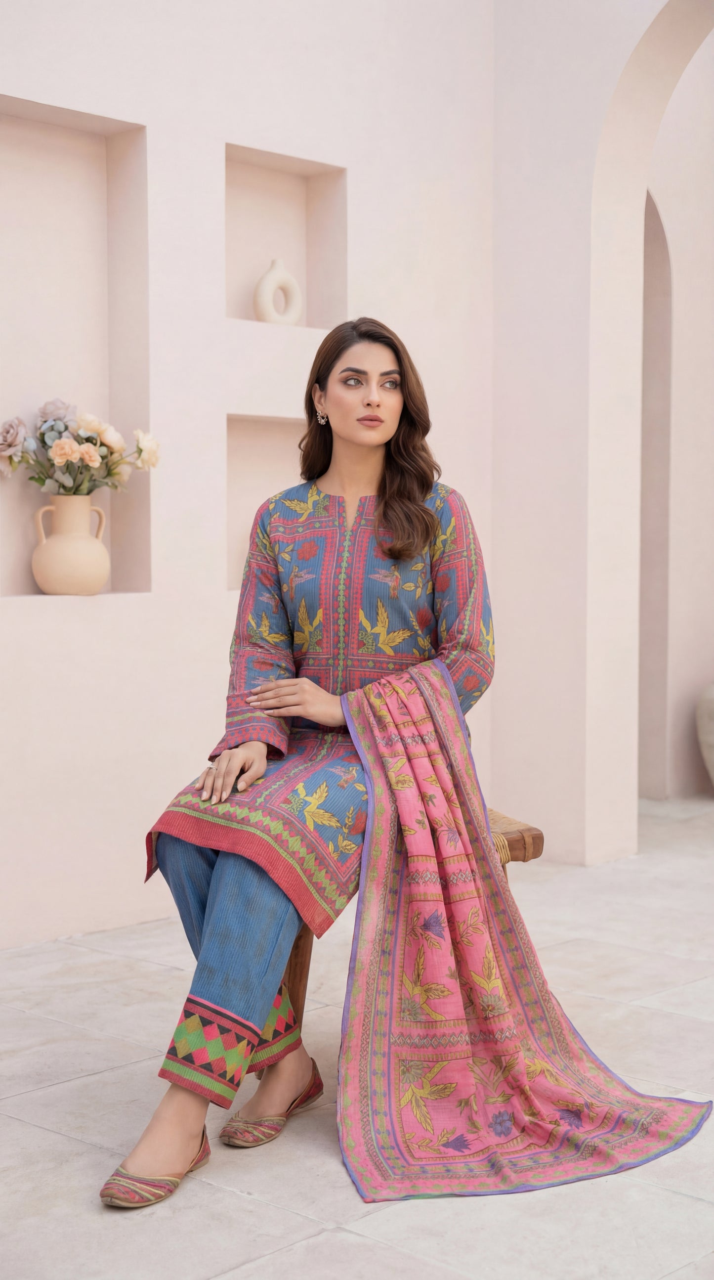 Hummingbird Haven – 3-Piece Stitched Digital Print Lawn Suit in Azure & Rose