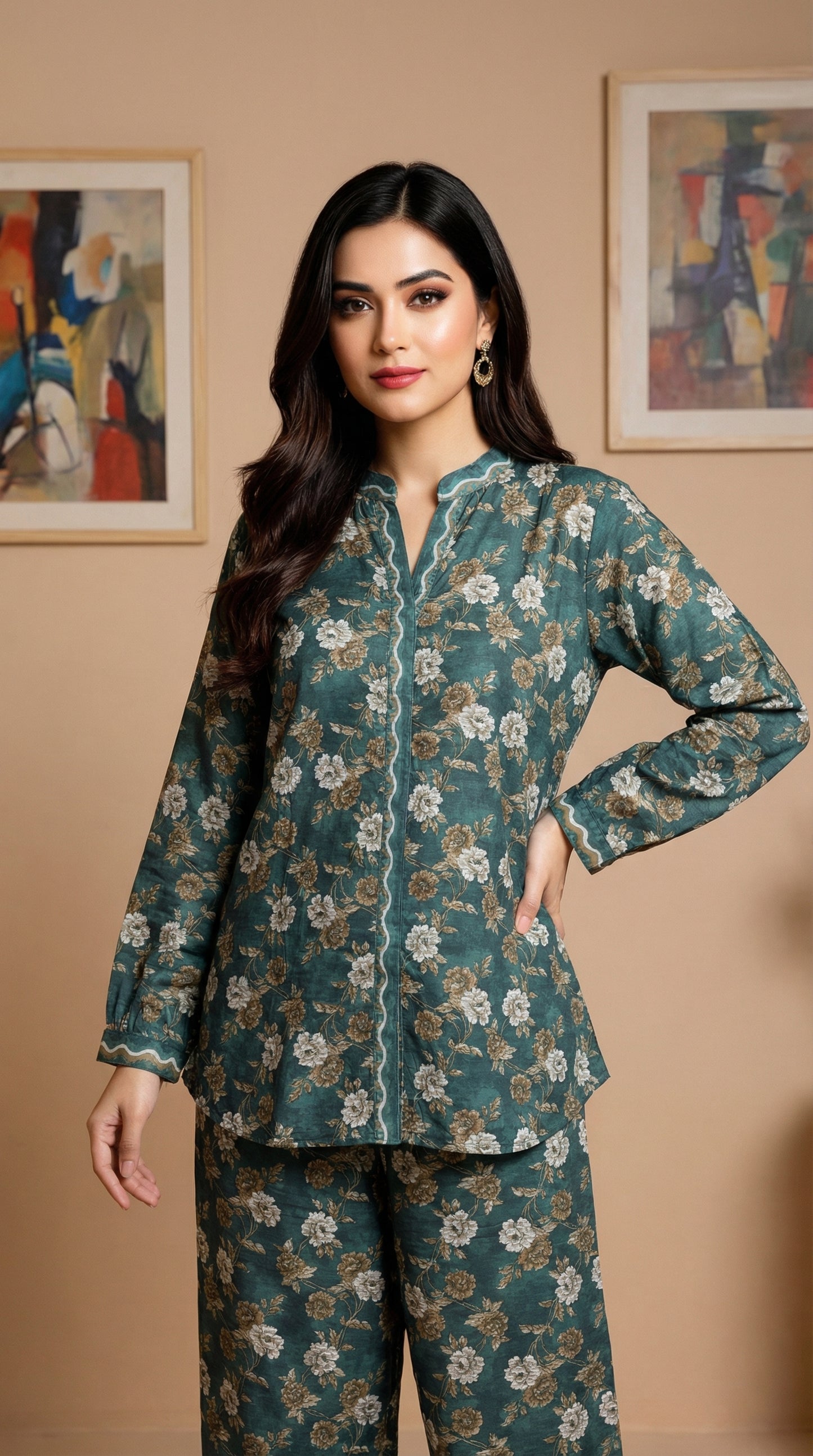 Teal Floral Print Cotton Co-ord Set – 2-Piece Mid-Length Tunic & Trouser Suit