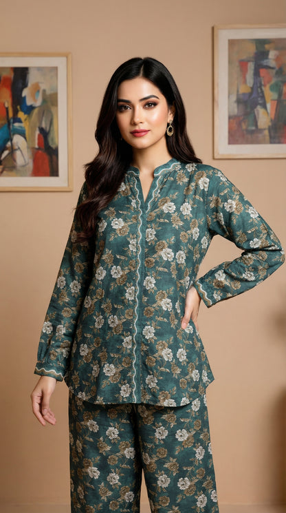 Teal Floral Print Cotton Co-ord Set – 2-Piece Mid-Length Tunic & Trouser Suit