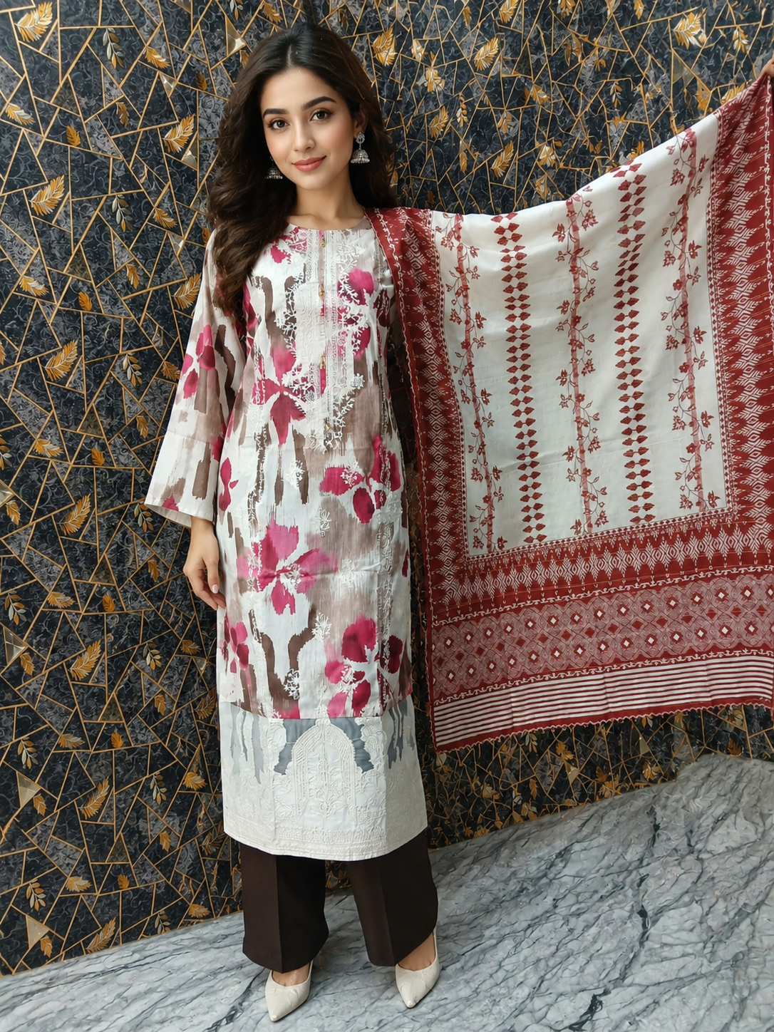 Elegant Floral Digital Print Stitched Suit - 3 Piece Ensemble