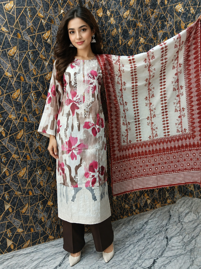 Elegant Floral Digital Print Stitched Suit - 3 Piece Ensemble