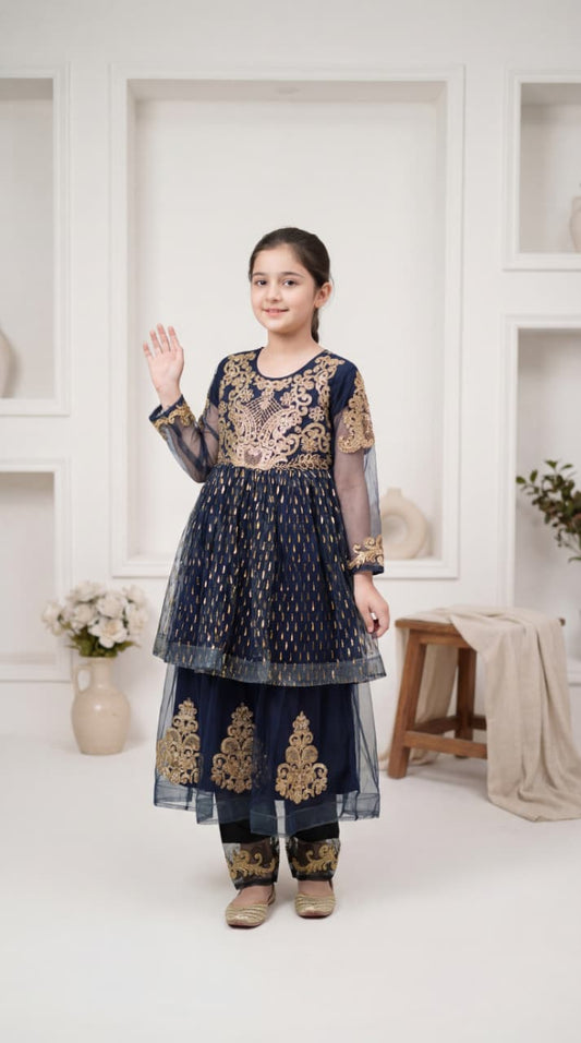 Girls' Royal Blue & Gold Embroidered Double-Layer Festive Frock