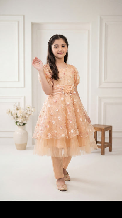 Girls’ Peach Floral Embroidered Tulle Frock with Matching Trousers – 2-Piece Festive Set