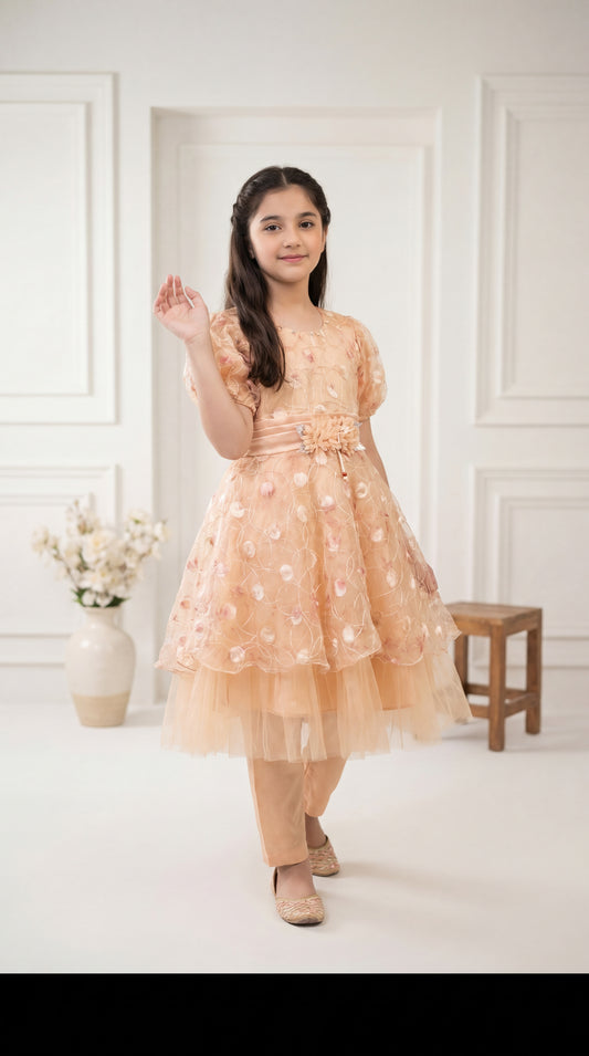 Girls’ Peach Floral Embroidered Tulle Frock with Matching Trousers – 2-Piece Festive Set
