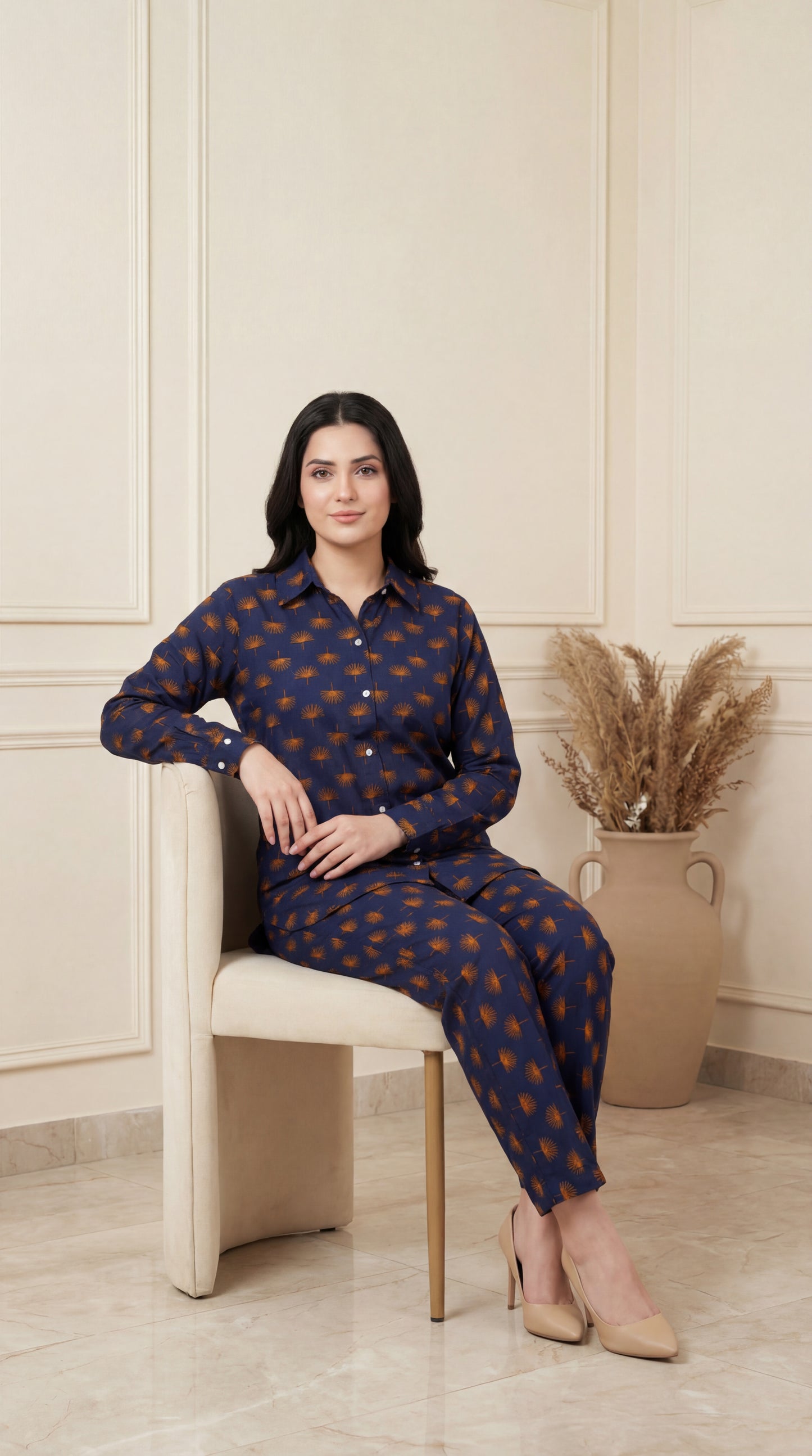 Midnight Palm Printed Button-Down Co-ord Set – Navy & Ochre