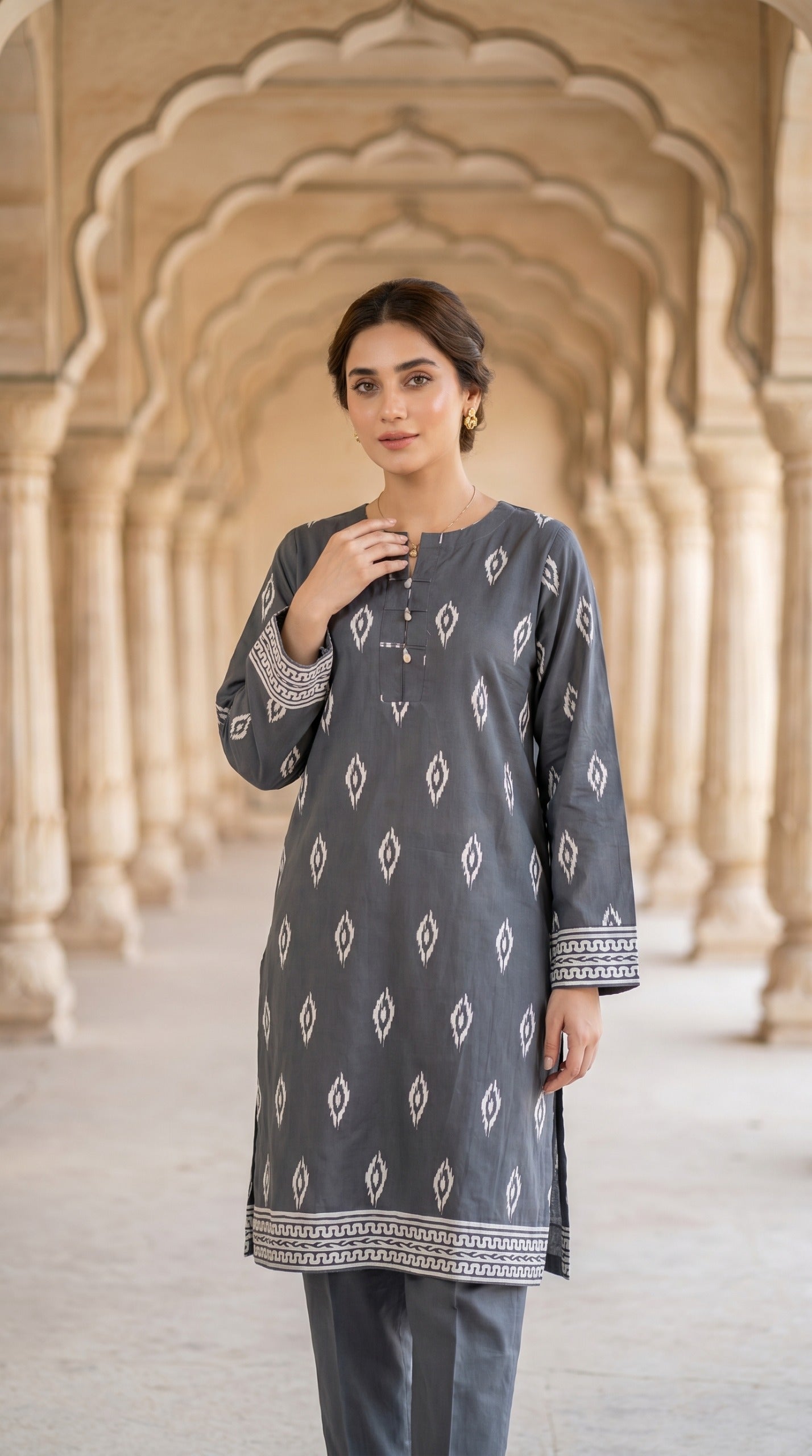 Elegant Charcoal Grey Ikat Print Kurti