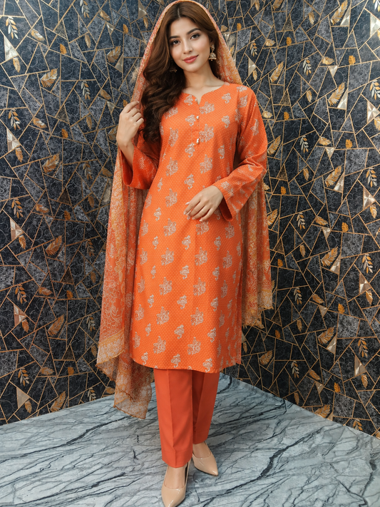 Sunset Bloom: 3-Piece Printed Lawn Stitched Suit