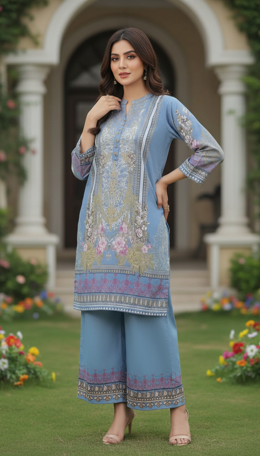 Serene Azure Floral Printed 2-Piece Lawn Suit