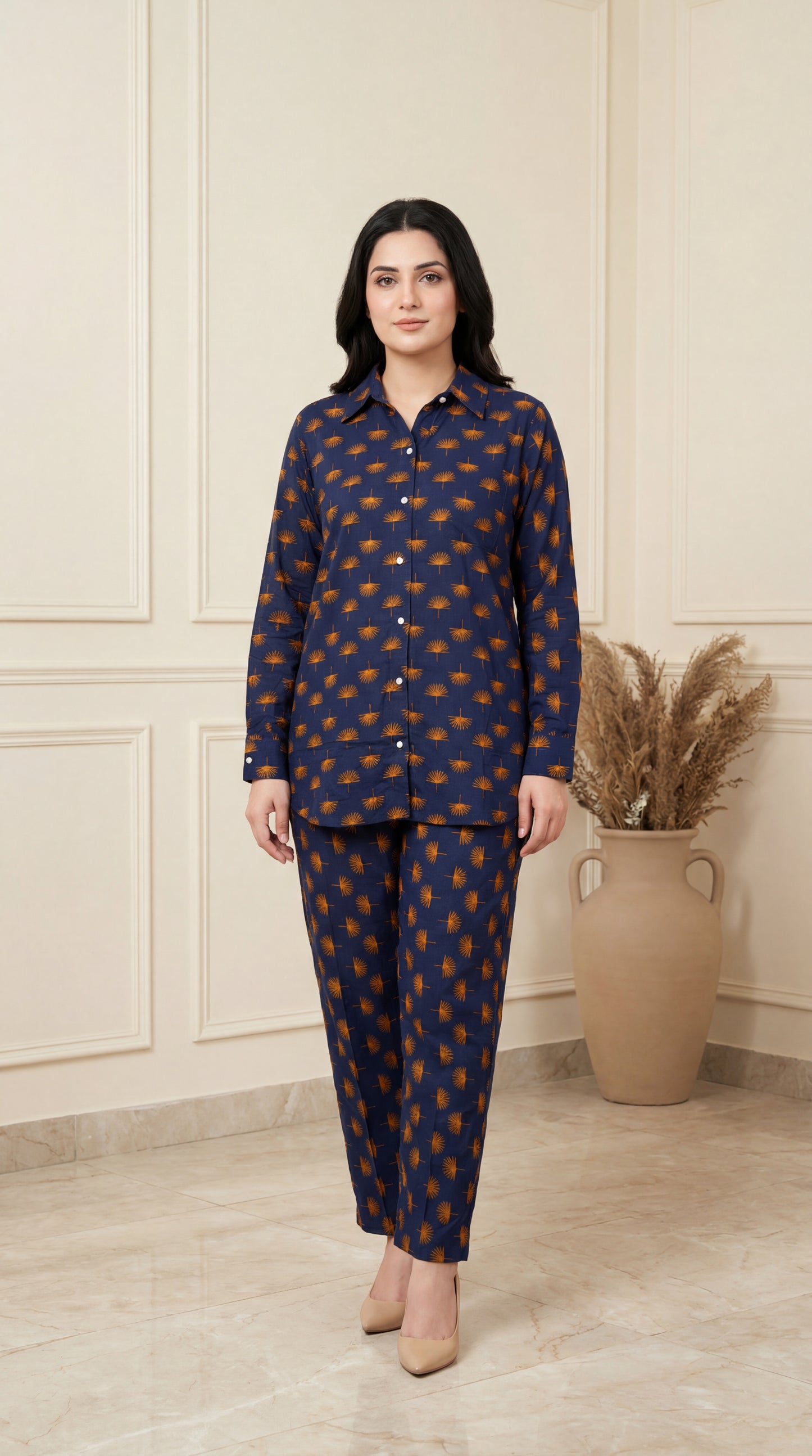 Midnight Palm Printed Button-Down Co-ord Set – Navy & Ochre