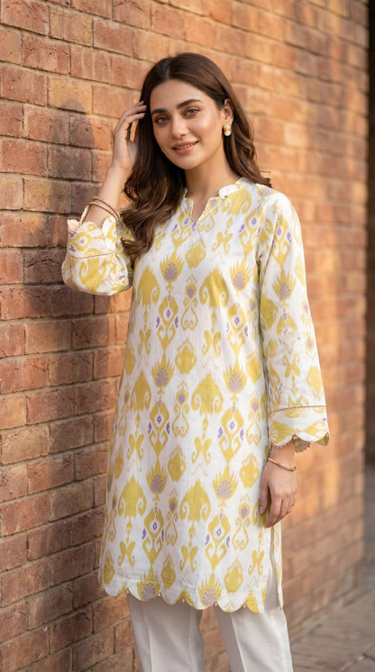 Zari Ikat Mustard & Lavender Printed Lawn Kurti