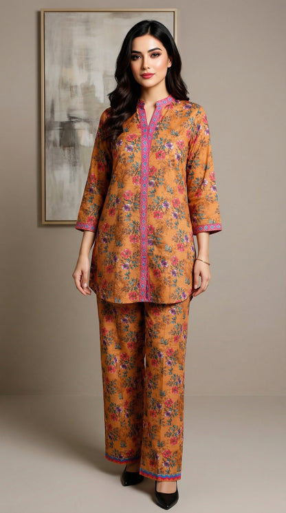 Mustard Floral Print Co-ord Set | 2-Piece Cotton Fusion Suit