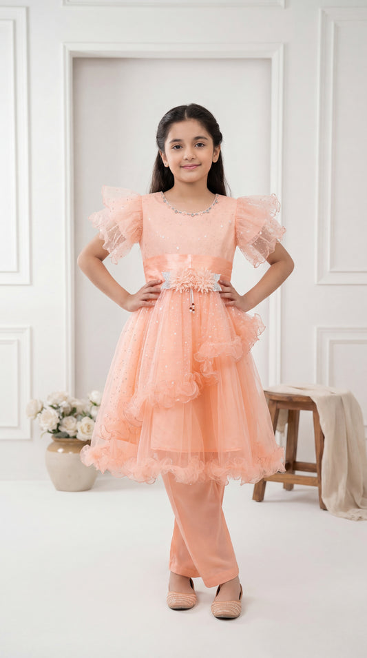 Sparkling Peach Ruffled Princess Frock with Matching Trousers