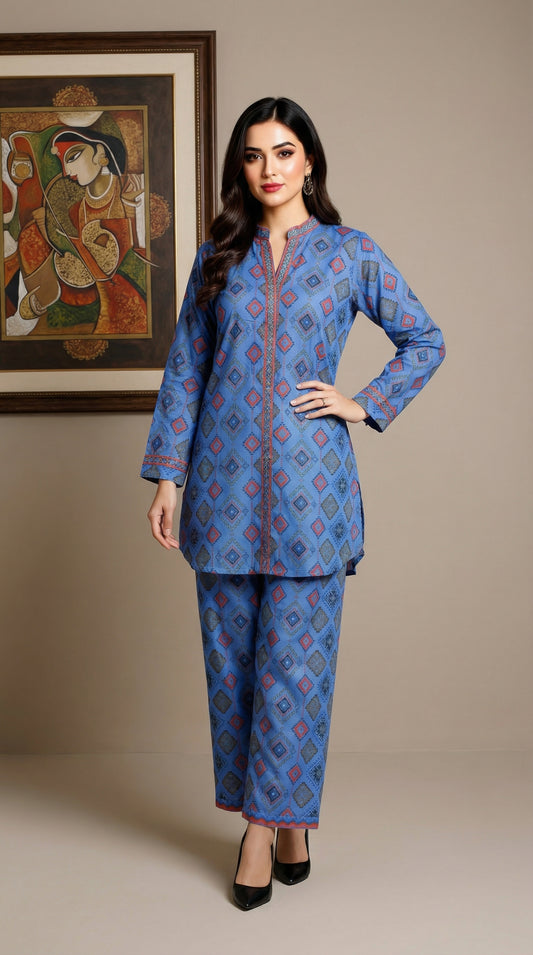 Sapphire Geo-Print Co-ord Set | Modern Ethnic Loungewear