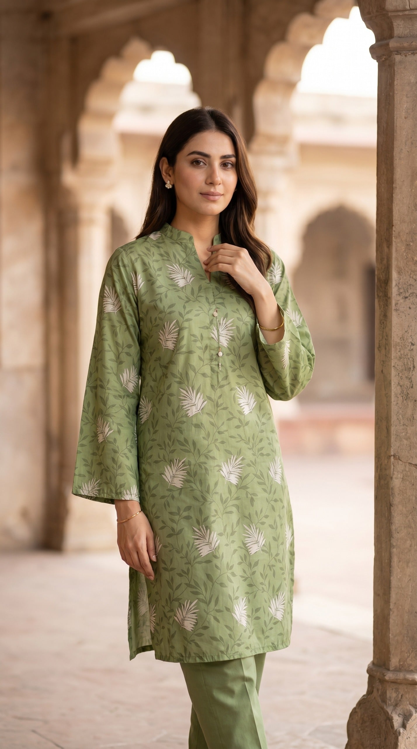Sage Green Floral Leaf Printed Kurti – Casual Lawn Straight Shirt