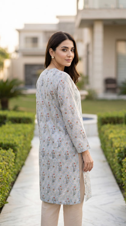 Floral Printed Lawn Kurti – Pastel Geometric Long Shirt