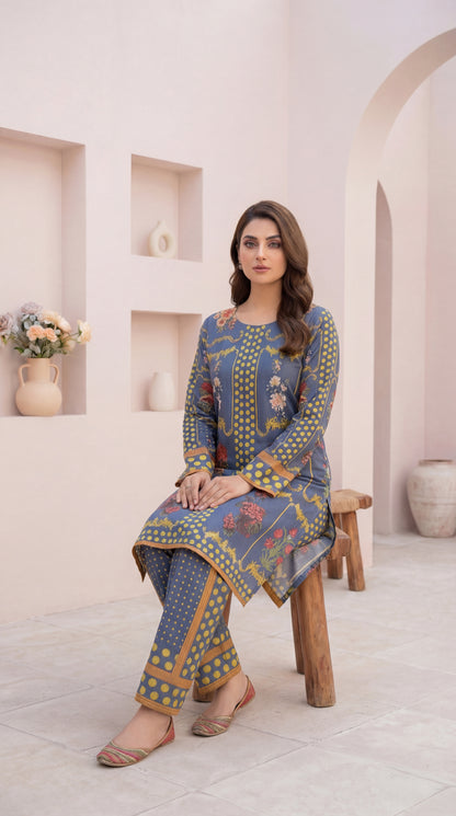 Indigo Blue Digital Printed 2-Piece Lawn Suit with Floral & Polka Dot Accents