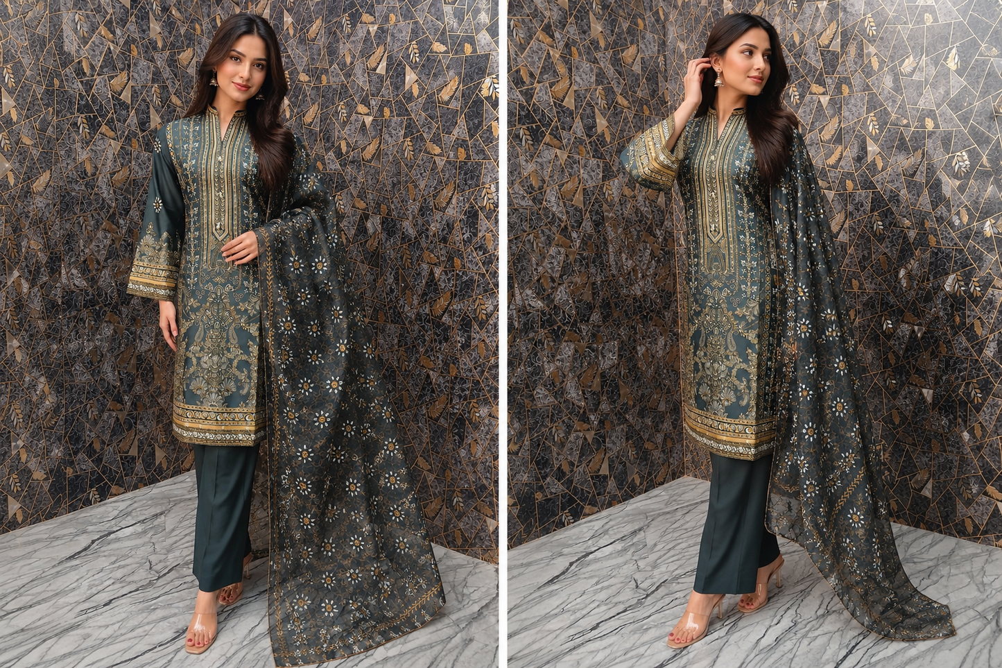 Elegant Forest Green Embroidered 3-Piece Stitched Suit