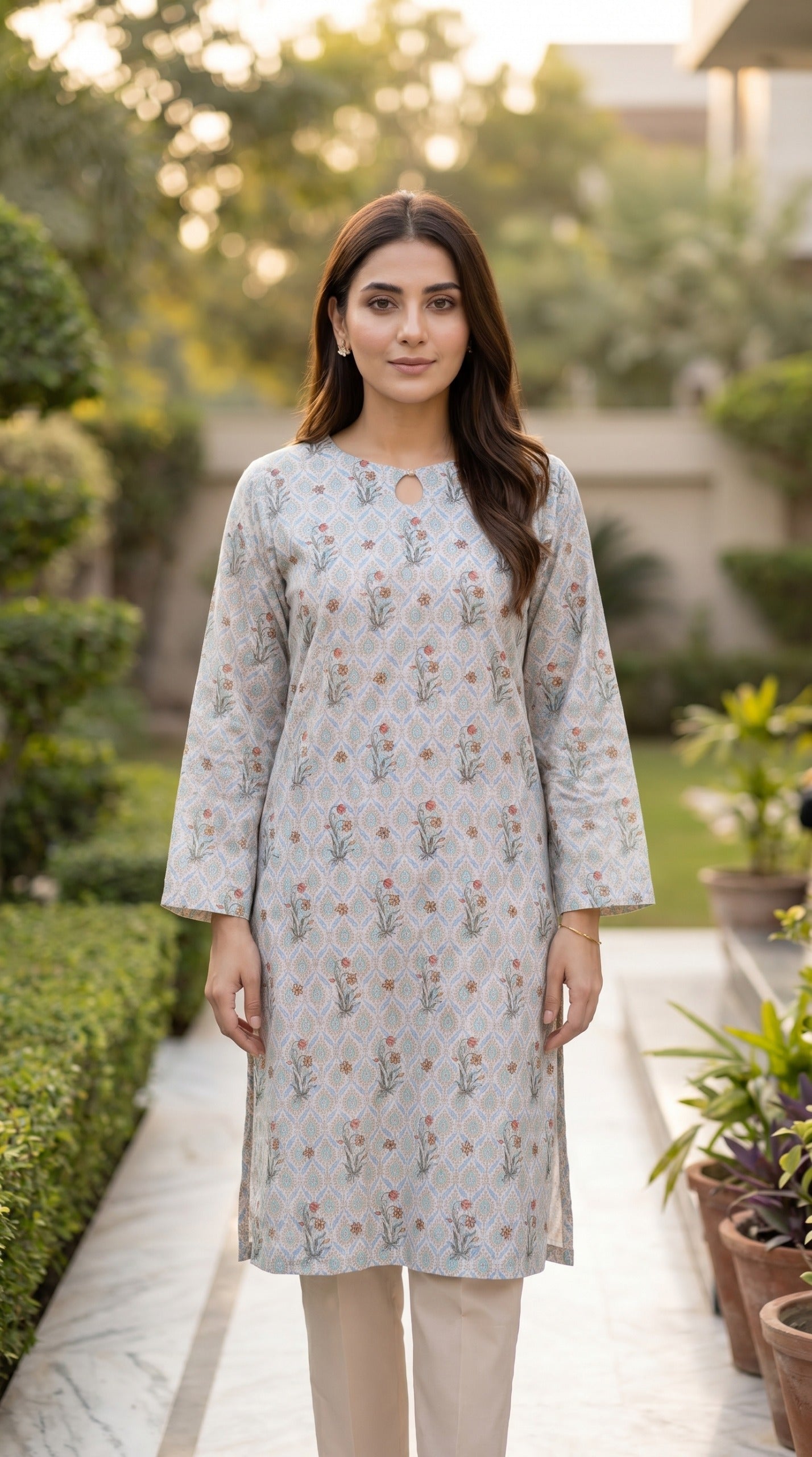 Floral Printed Lawn Kurti – Pastel Geometric Long Shirt