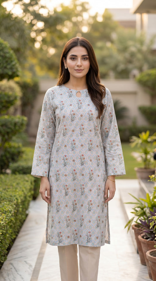 Floral Printed Lawn Kurti – Pastel Geometric Long Shirt