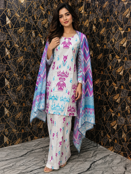 Vibrant Ethnic Fusion: 3-Piece Printed Stitched Suit