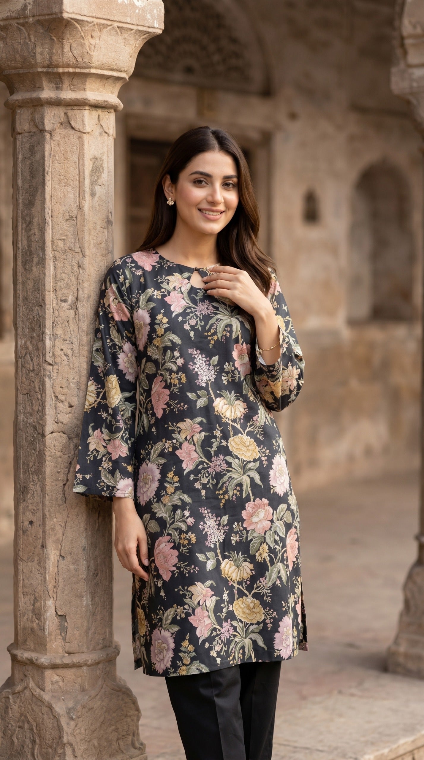 Midnight Floral Printed Kurti – Elegant Charcoal Lawn Tunic with Keyhole Neck