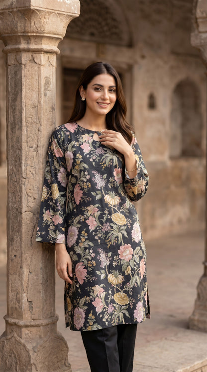 Midnight Floral Printed Kurti – Elegant Charcoal Lawn Tunic with Keyhole Neck