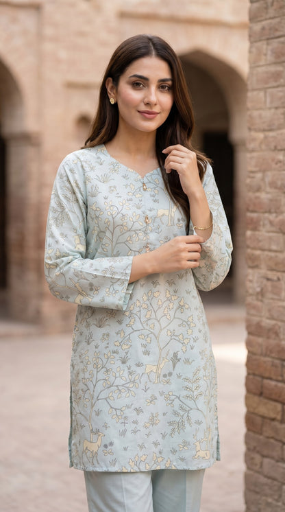 Pastel Blue Woodland Printed Lawn Kurti – Elegant Floral & Fawn Stitched Shirt