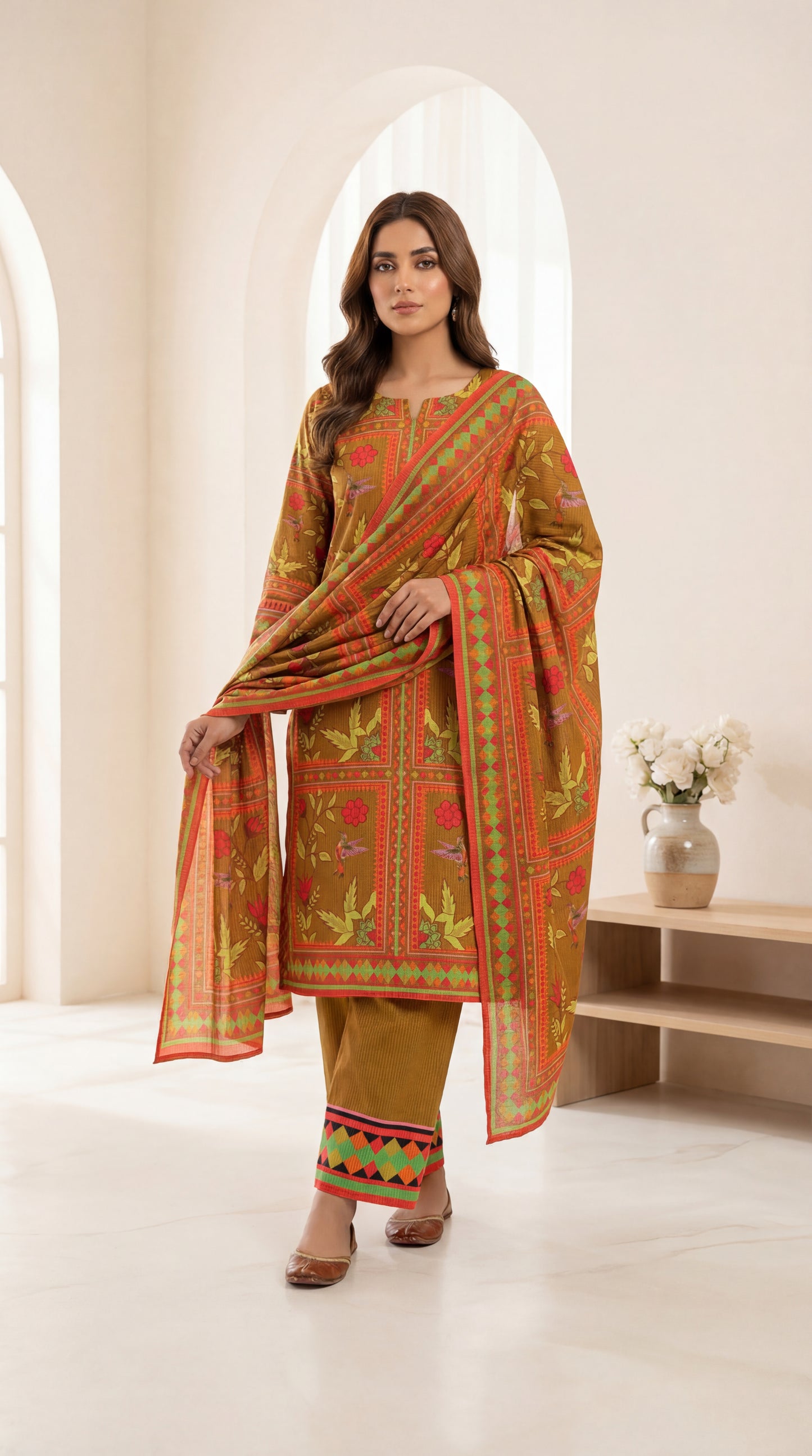Earthy Mustard Printed 3-Piece Suite with Floral & Geometric Accents