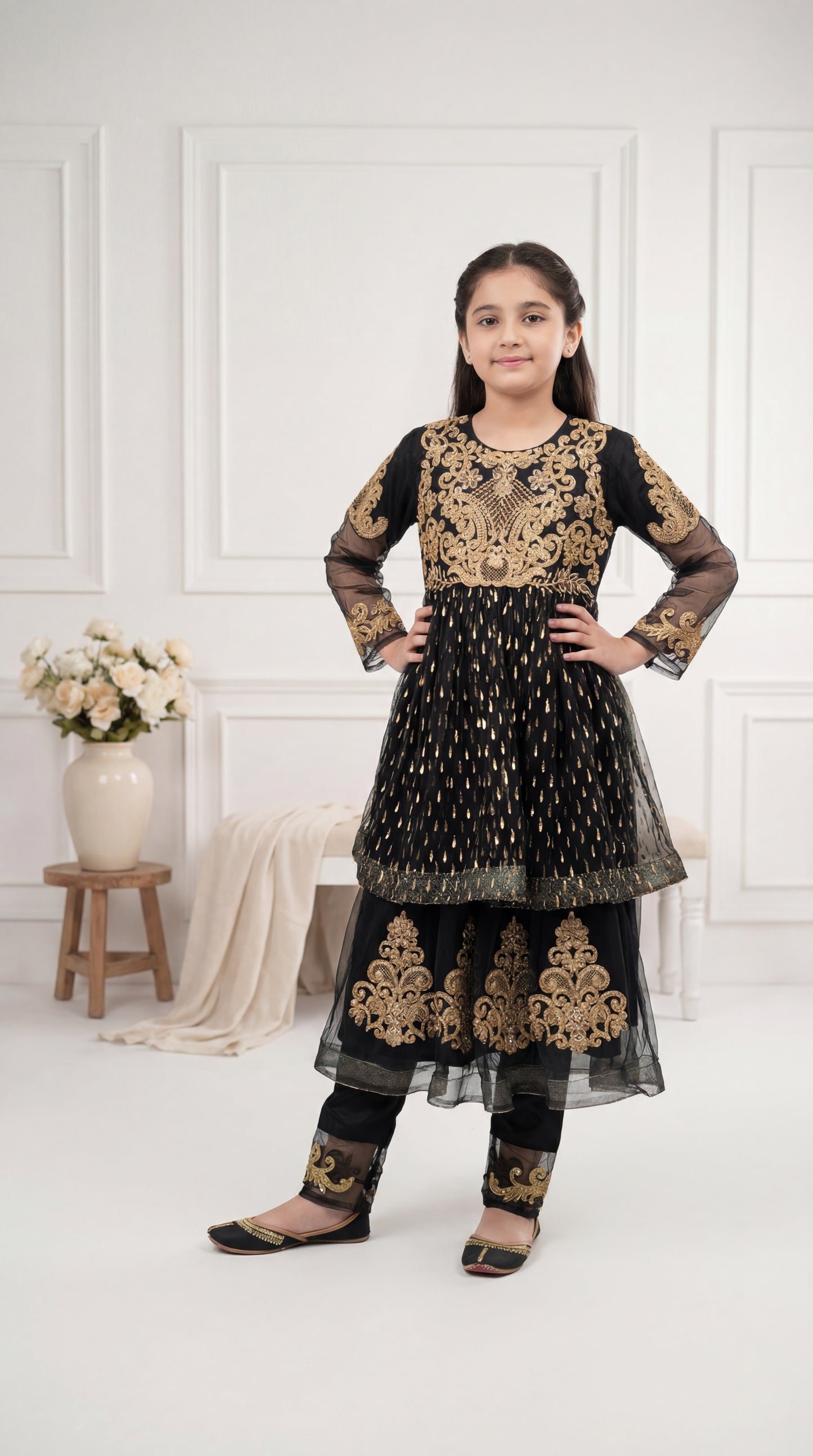 Royal Black & Gold Embroidered Girls' Peplum Sharara Set