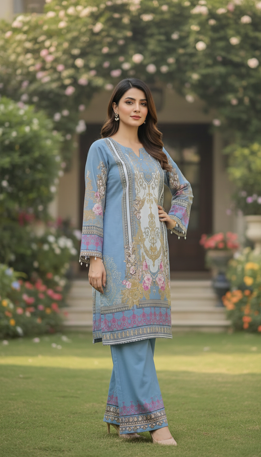 Serene Azure Floral Printed 2-Piece Lawn Suit