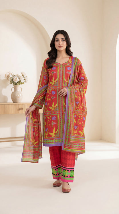 Radiant Crimson Floral 3-Piece Stitched Lawn Suit