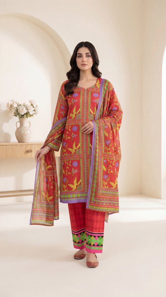 Radiant Crimson Floral 3-Piece Stitched Lawn Suit