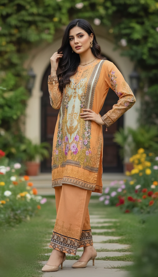 Sunset Bloom – 2-Piece Digitally Printed Lawn Suit in Terracotta Peach