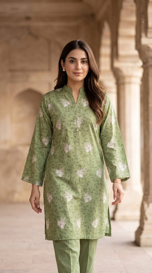 Sage Green Floral Leaf Printed Kurti – Casual Lawn Straight Shirt