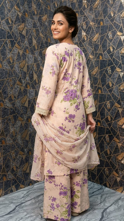 Lavender Bloom: Embroidered 3-Piece Floral Lawn Suite