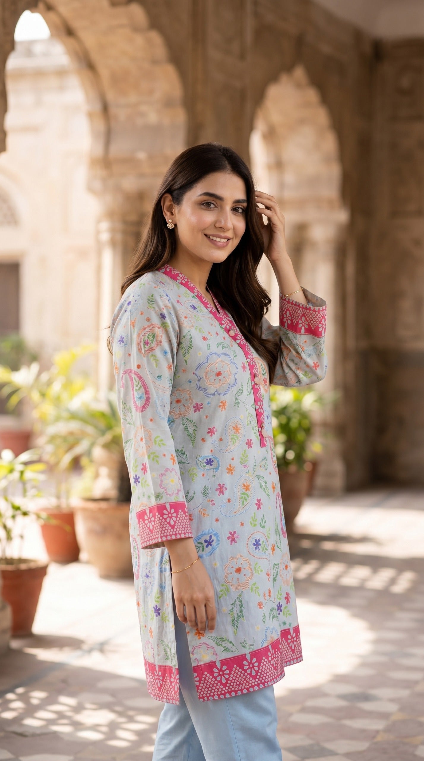 Pastel Blue Floral Printed Kurti with Pink Accent Border