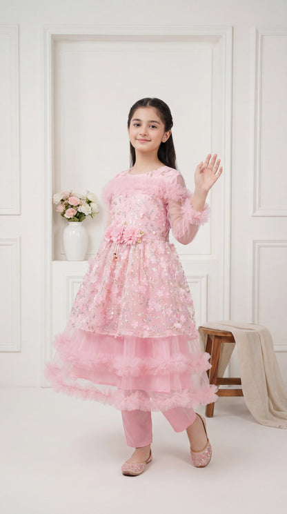 Rose Petal Ruffle Party Frock – 2-Piece Eastern Festive Set in Blush Pink
