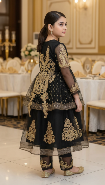 Royal Black & Gold Embroidered Girls' Peplum Sharara Set
