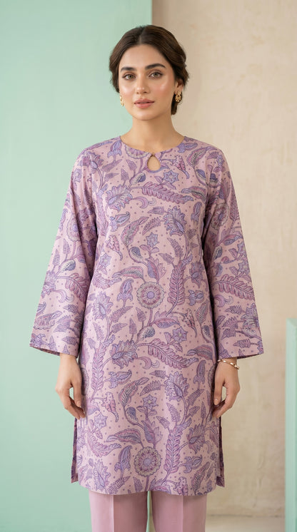 Lavender Floral Printed Lawn Kurti – Elegant Keyhole Neckline