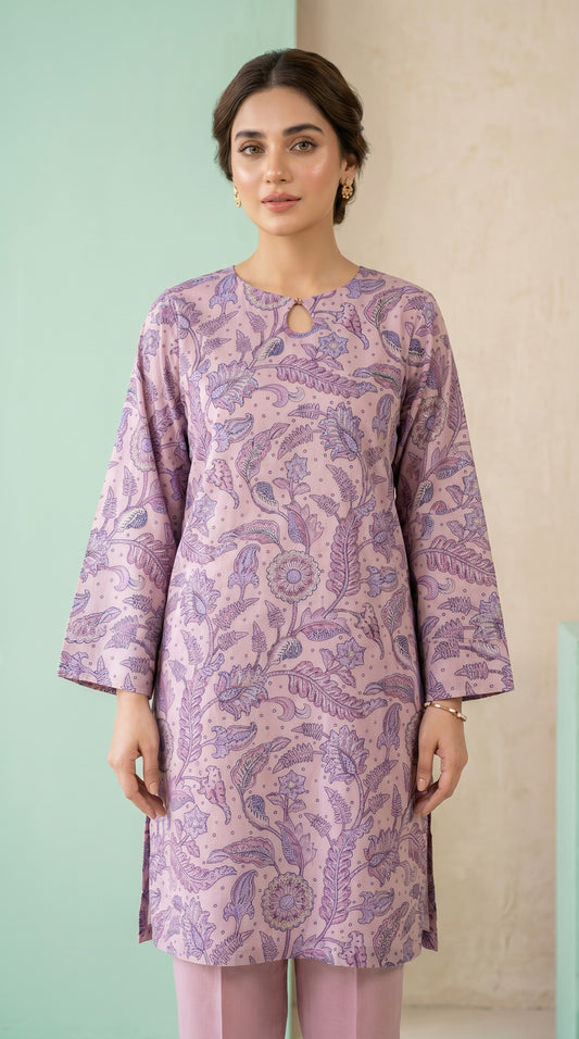 Lavender Floral Printed Lawn Kurti – Elegant Keyhole Neckline