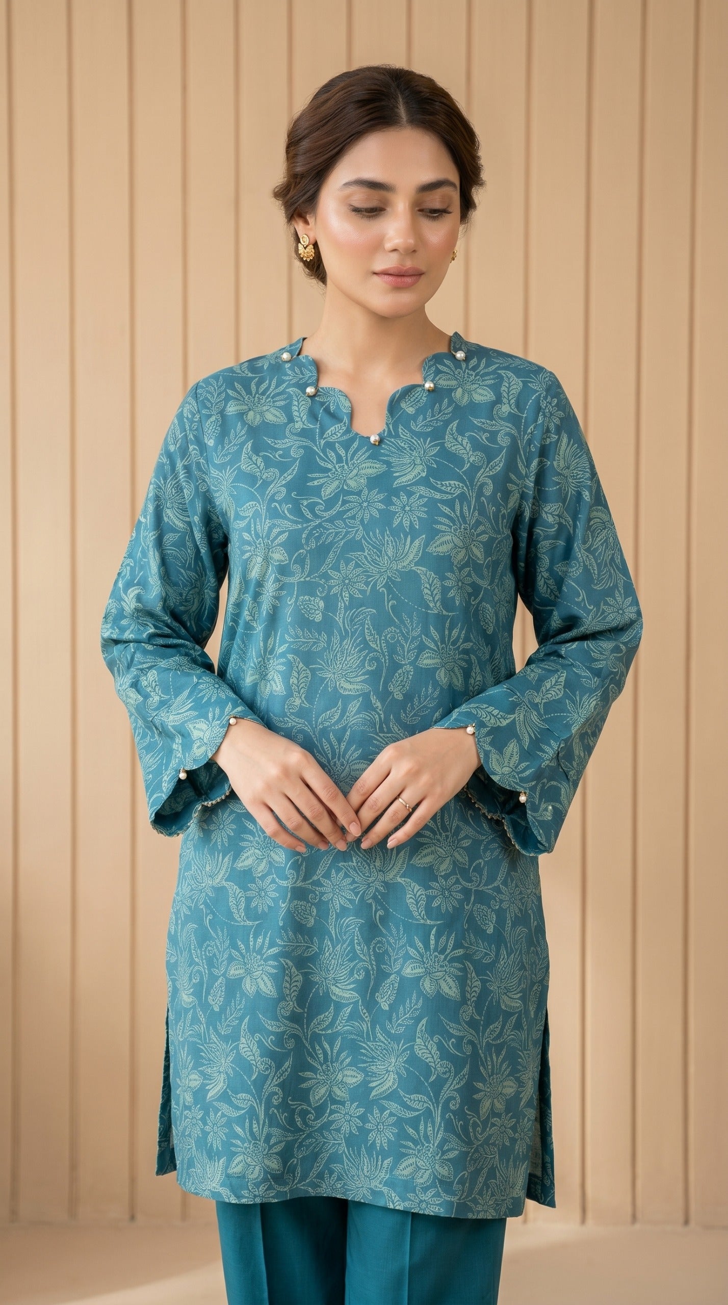Floral Printed Lawn Kurti with Pearl Embellishments