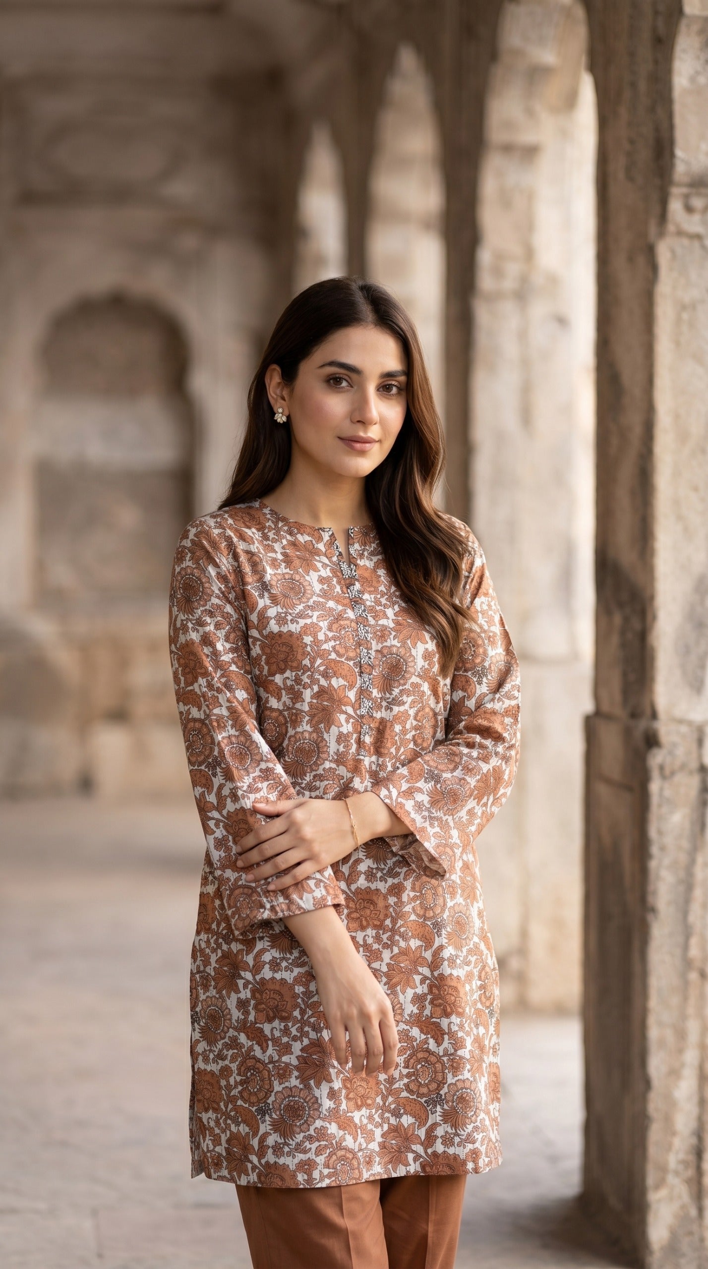 Terracotta Floral Printed Lawn Kurti – Elegant Straight Kurti for Women
