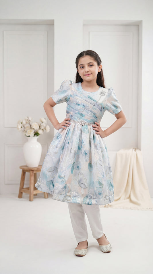 Enchanted Floral Jacquard Party Frock with Embellished Waist
