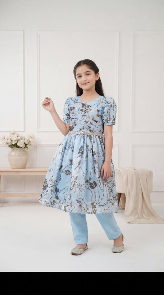 Girls' Sky Blue Floral Empire-Waist Frock with Embellished Belt & Matching Trousers