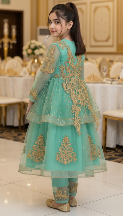 Girls’ Mint Green Embroidered Anarkali Style Party Wear Frock with Trousers