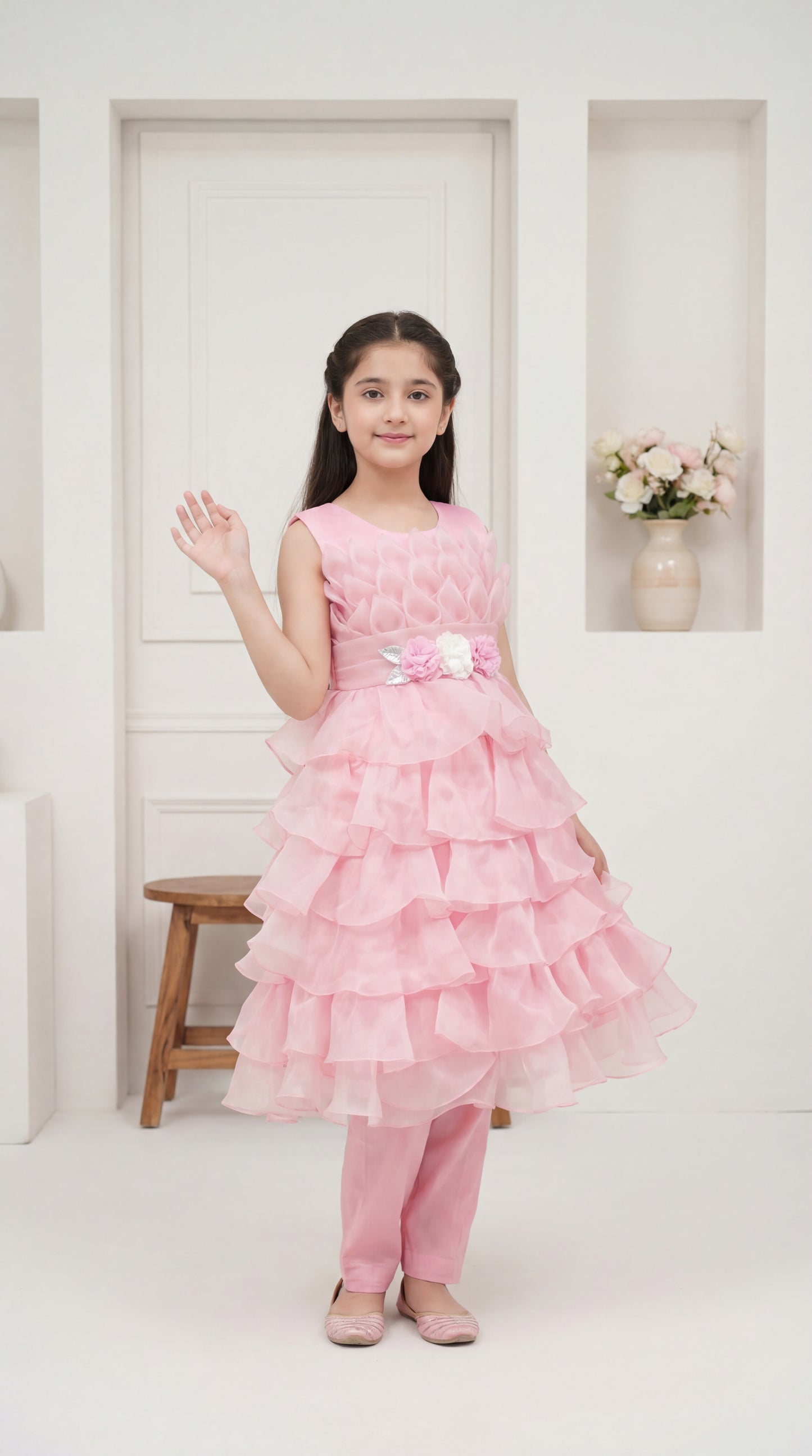 Petal-Layered Rose Pink Organza Frock Set