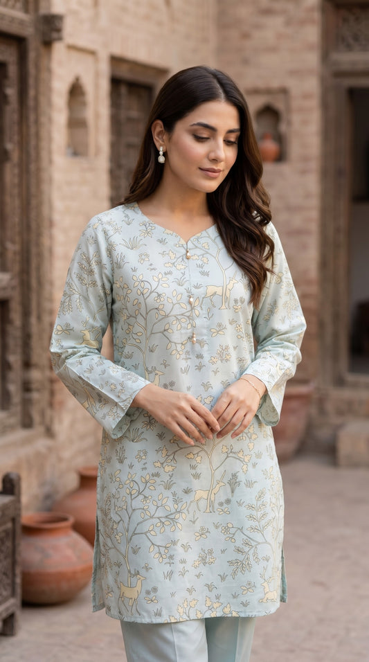 Pastel Blue Woodland Printed Lawn Kurti – Elegant Floral & Fawn Stitched Shirt