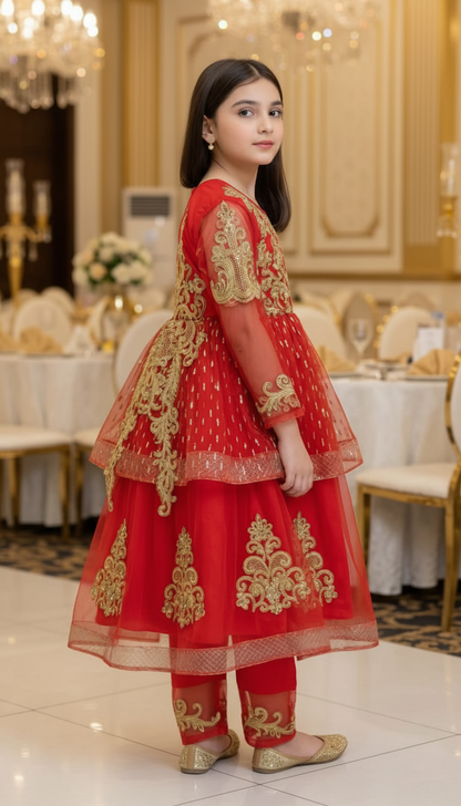 Elegant Girls’ Red & Gold Embroidered Net Frock – 3-Piece Festive Sharara Set