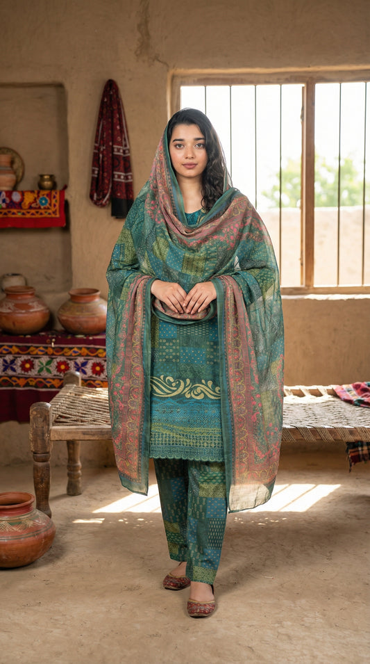 Emerald Mosaic | Three-Piece Printed Lawn Suit